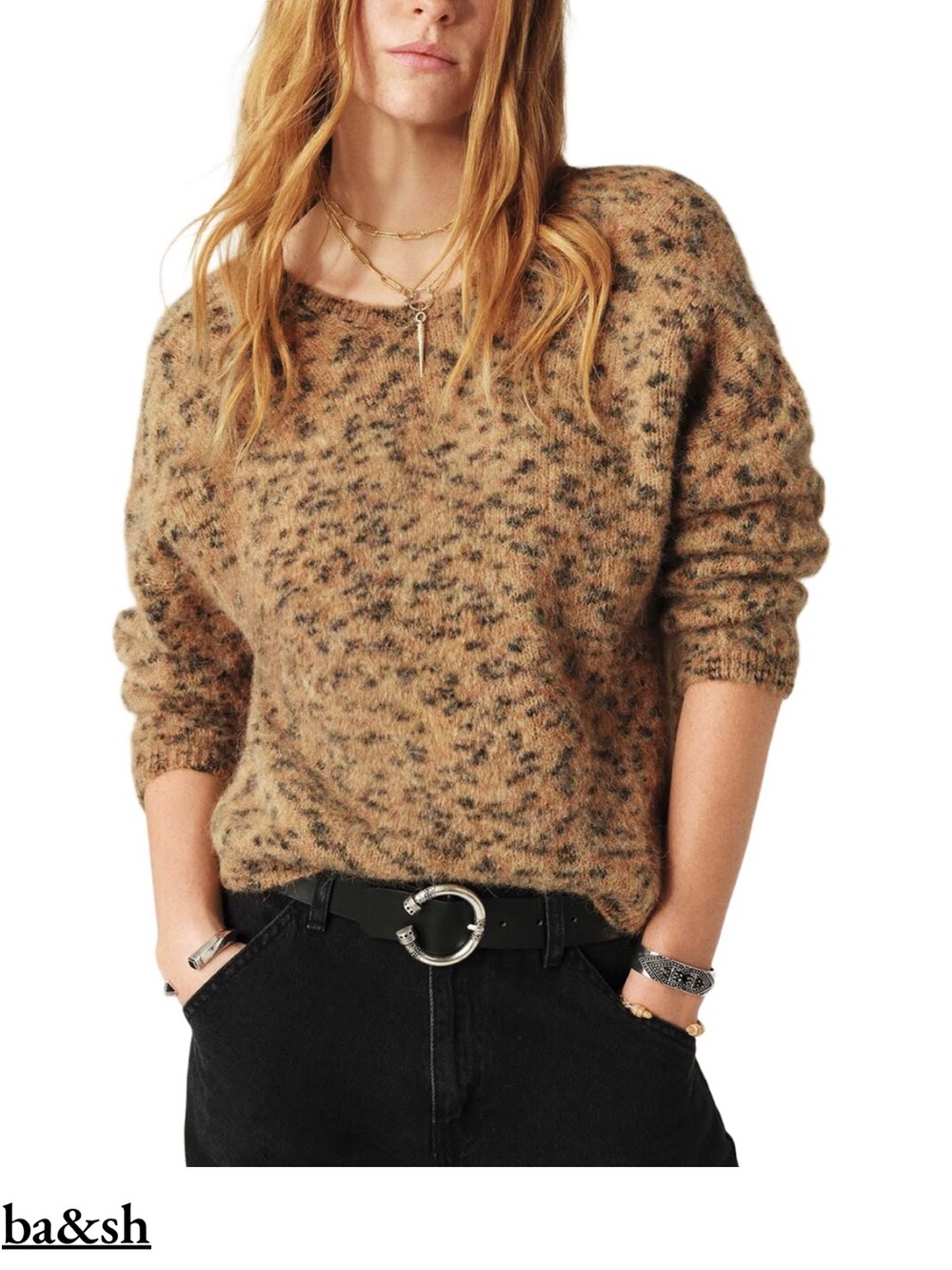 ba&sh Tan Leopard-Print Fuzzy Scoopneck Sweater
